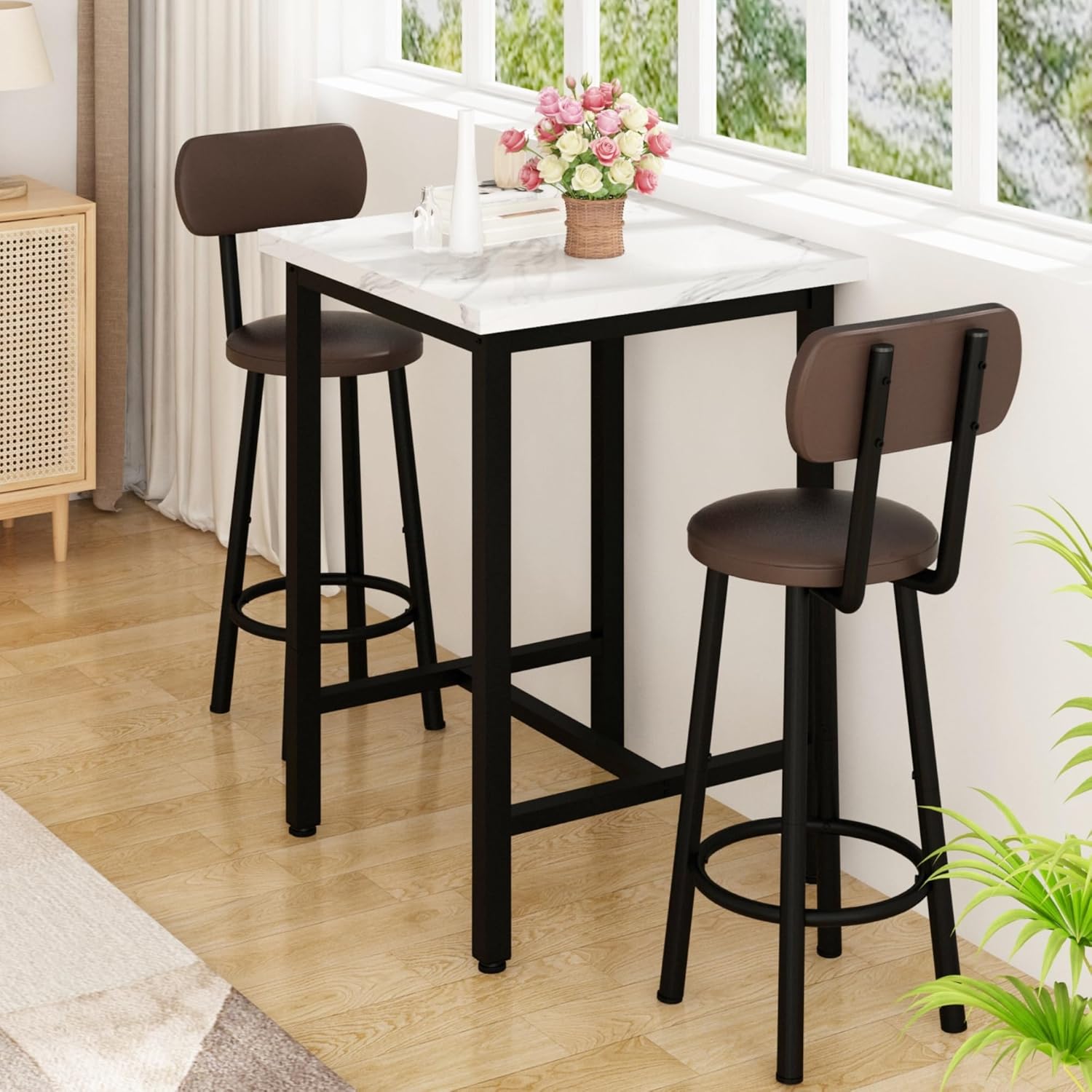3 Piece Pub Dining Set, 24" Dining Table Set with 2 PU Leather Upholstered Stools, Square Small Space Kitchen Table Pub Set for Apartment Dining Room, Living Room
