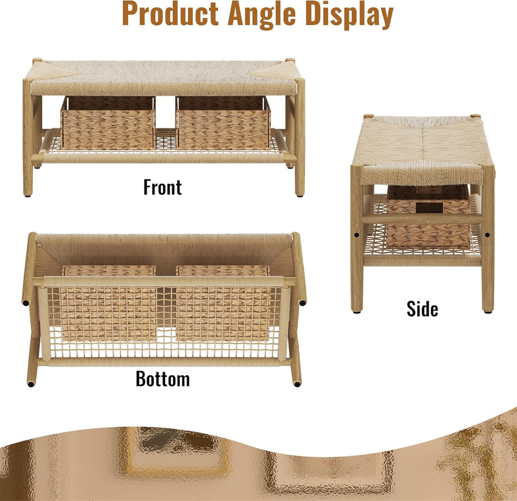 LinkRomat Wicker Bench Indoor Entryway Bench with Paper Cord Ottoman & Grid Storage Rack, Mid-Century Long Chair with Wood Legs for Room Channel