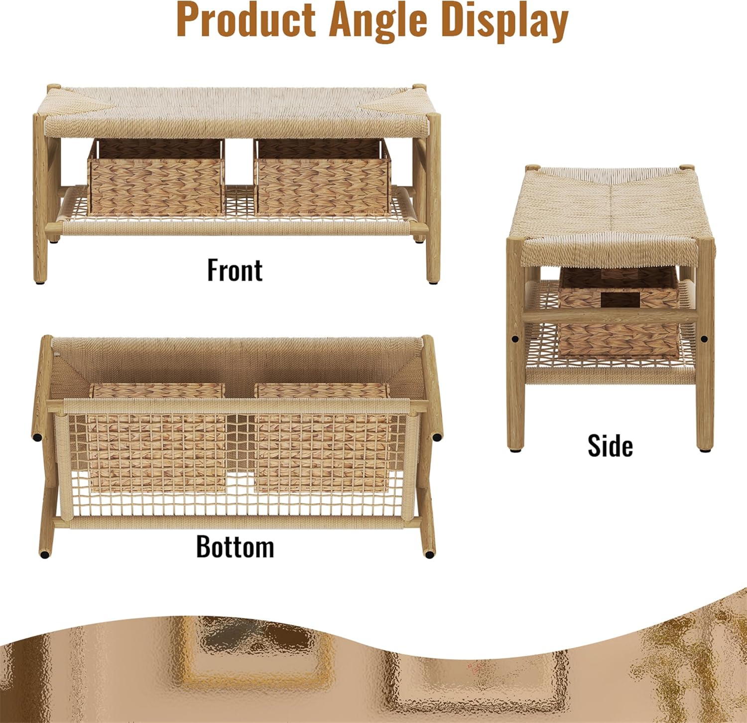 LinkRomat Wicker Bench Indoor Entryway Bench with Paper Cord Ottoman & Grid Storage Rack, Mid-Century Long Chair with Wood Legs for Room Channel