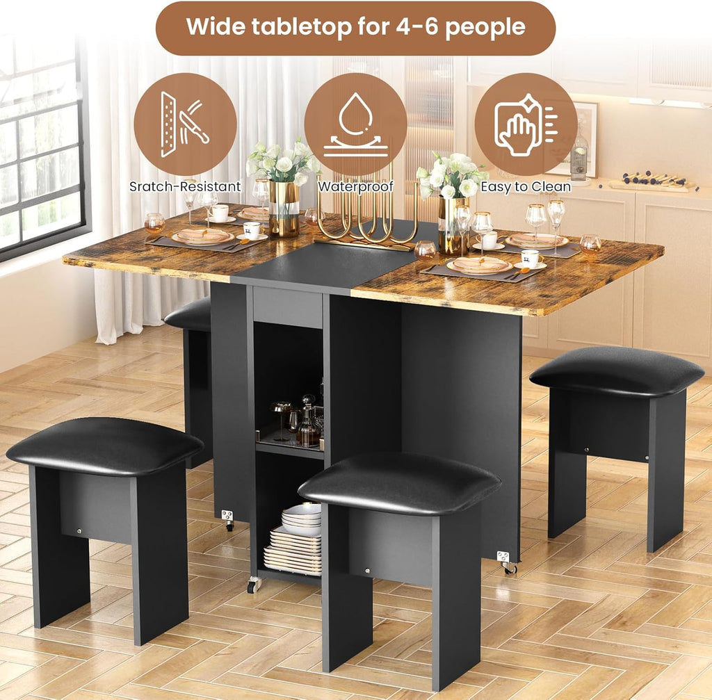 LinkRomat Folding Dining Table Set for 4, Kitchen Table with Shelves & 4 Leather Chairs, Space Saving Foldable Dining Table with 6 Wheel (Grey)