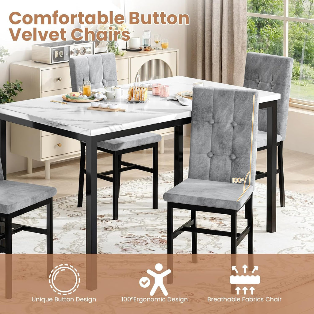 LinkRomat Modern Dining Table Set, Grey Faux Marble Rectangular Table Set and 4 Black PU Cushion Chairs, Dining Room Home Furniture for Small Space