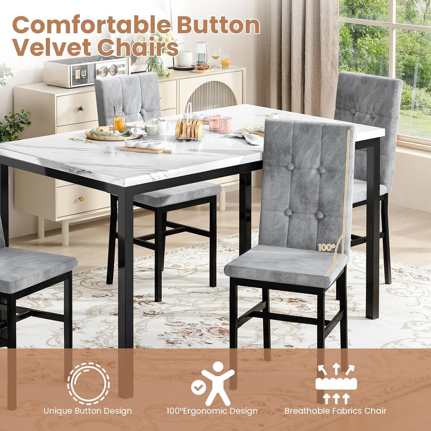 LinkRomat Modern Dining Table Set, Grey Faux Marble Rectangular Table Set and 4 Black PU Cushion Chairs, Dining Room Home Furniture for Small Space