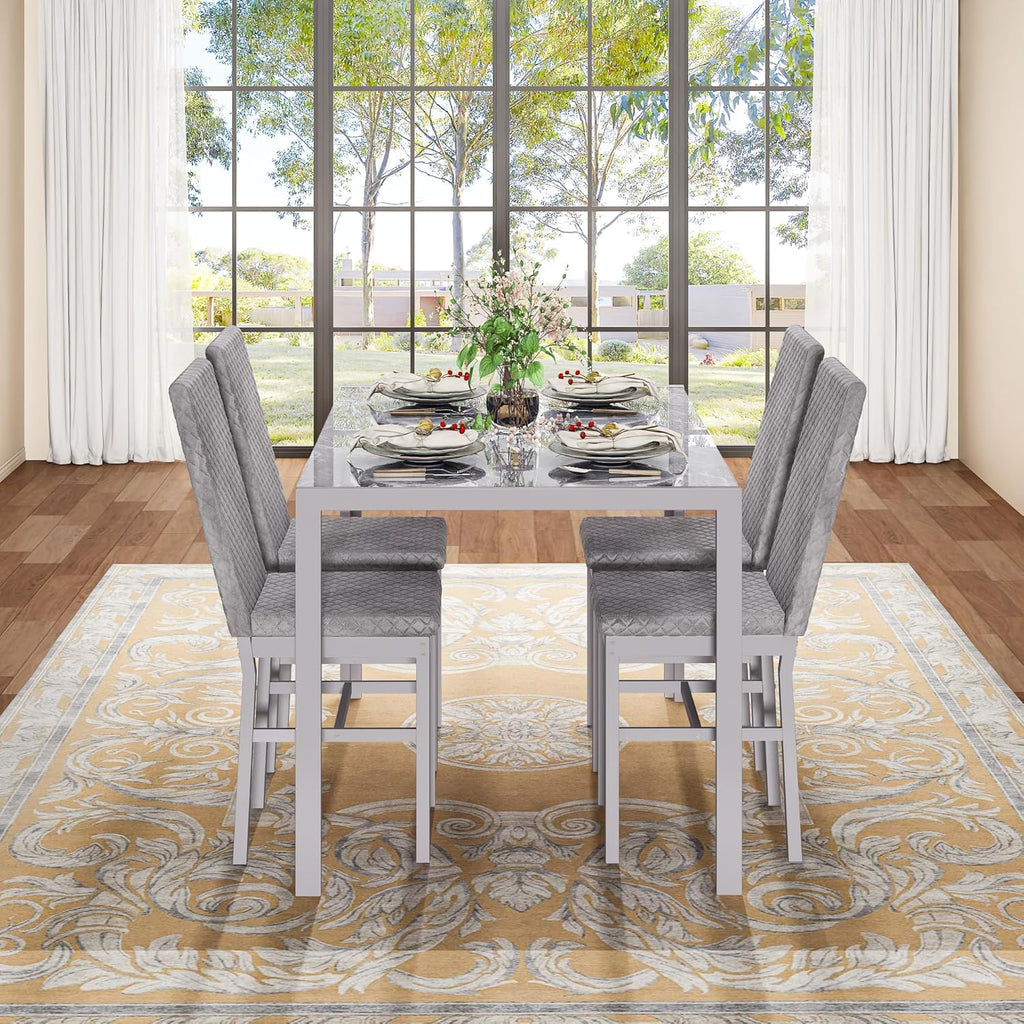 LinkRomat Dining Table Set for 4, Glass Table & PU Leather Chairs, Kitchen Tabletop and Chairs Set for Small Space, Apartment, Home Furniture, White