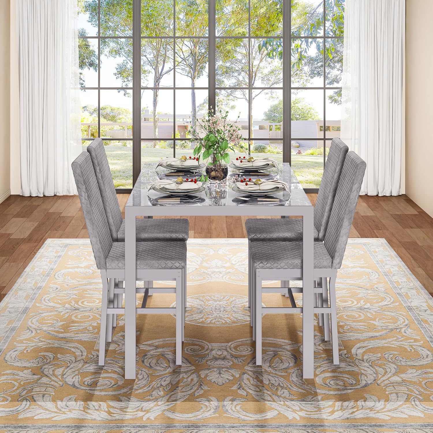 LinkRomat Dining Table Set for 4, Glass Table & PU Leather Chairs, Kitchen Tabletop and Chairs Set for Small Space, Apartment, Home Furniture, White