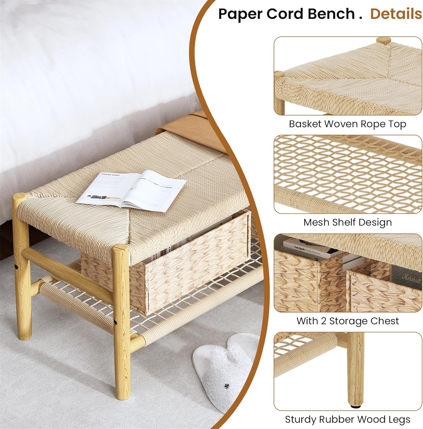 LinkRomat Wicker Bench Indoor Entryway Bench with Paper Cord Ottoman & Grid Storage Rack, Mid-Century Long Chair with Wood Legs for Room Channel