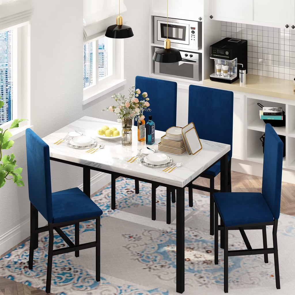 MOOSENG Small Dining Table Set for 4, 5 Pieces Dining Room Sets with Faux Marble Table & Velvet Chairs, Modern Kitchen Table Set with Chair for 4