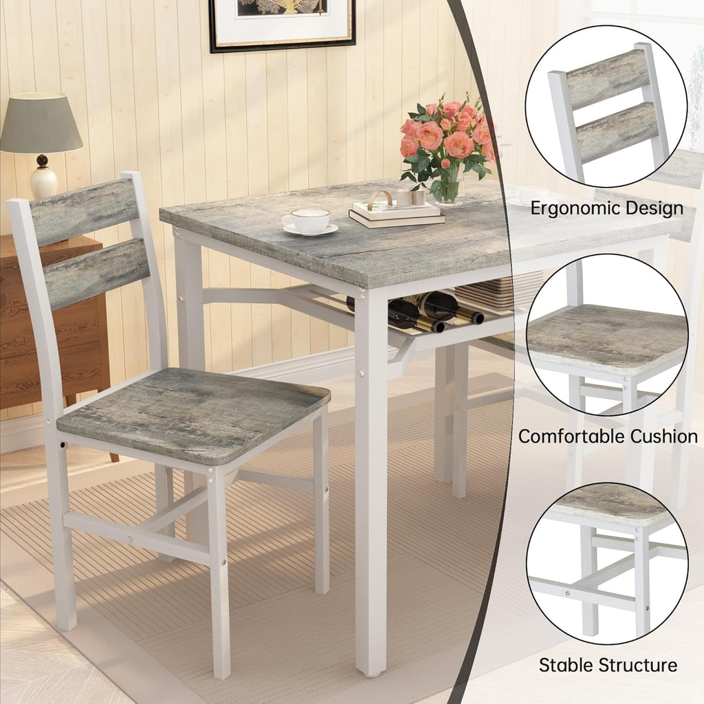 LinkRomat Small Dining Table for 2, Wooden Dinner Table with Storage, 3 Piece Farmhouse Square Dinette Set for Dining Room, Apartment, Small Space