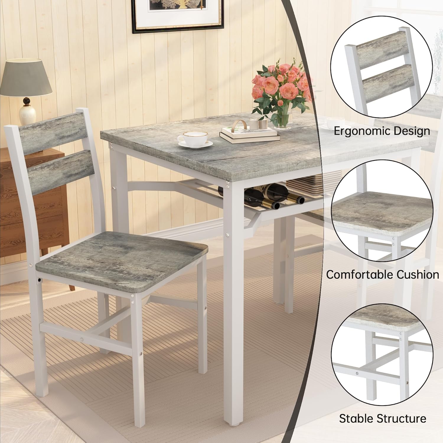 LinkRomat Small Dining Table for 2, Wooden Dinner Table with Storage, 3 Piece Farmhouse Square Dinette Set for Dining Room, Apartment, Small Space