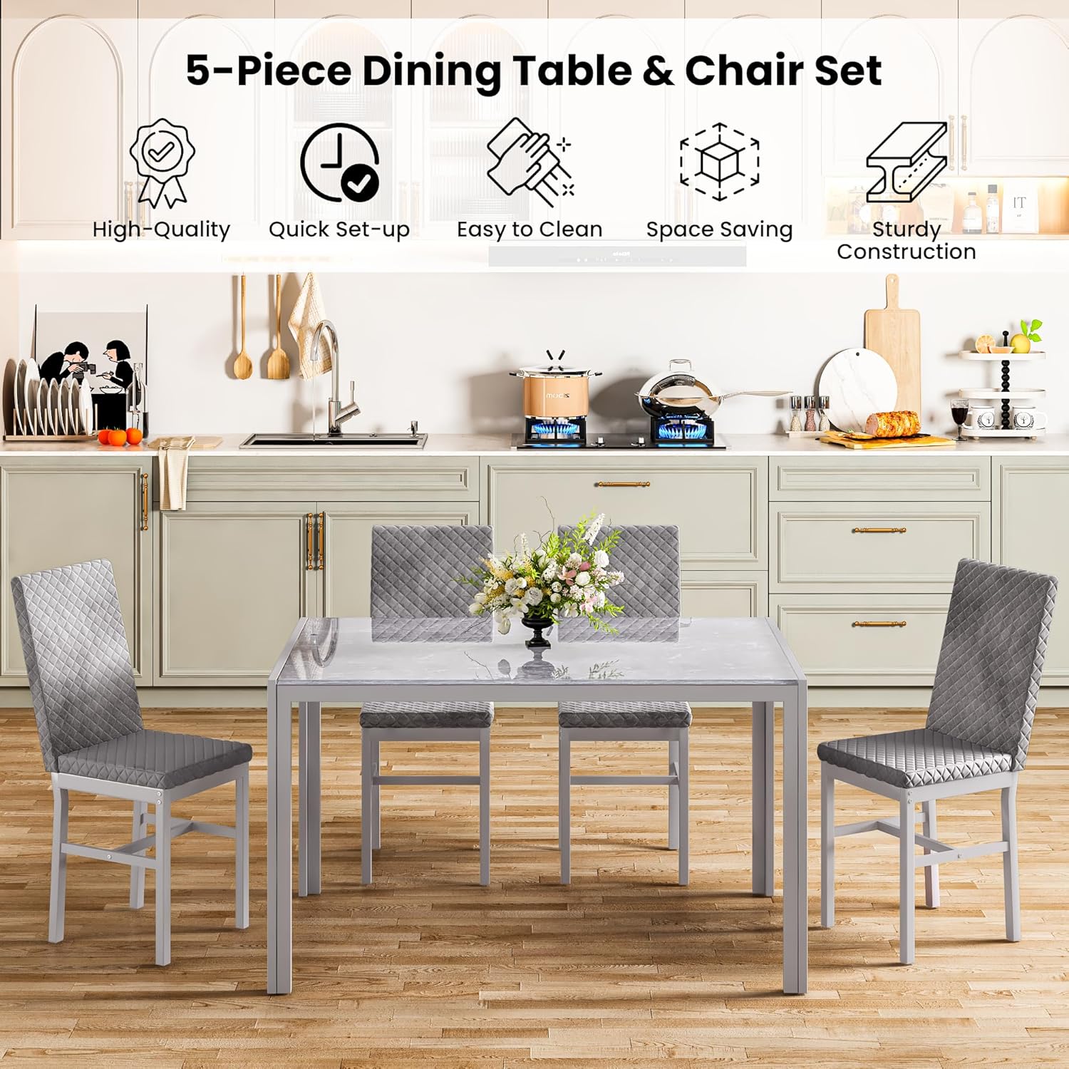 LinkRomat Dining Table Set for 4, Glass Table & PU Leather Chairs, Kitchen Tabletop and Chairs Set for Small Space, Apartment, Home Furniture, White