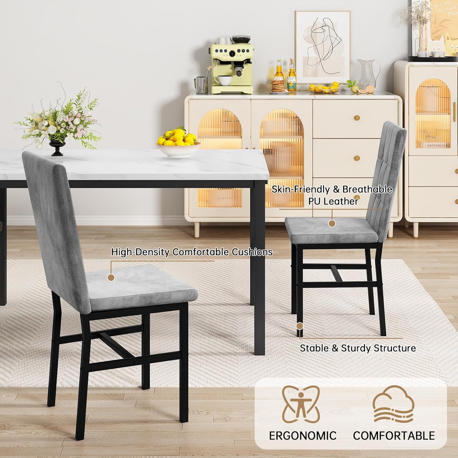 LinkRomat Modern Dining Table Set, Grey Faux Marble Rectangular Table Set and 4 Black PU Cushion Chairs, Dining Room Home Furniture for Small Space