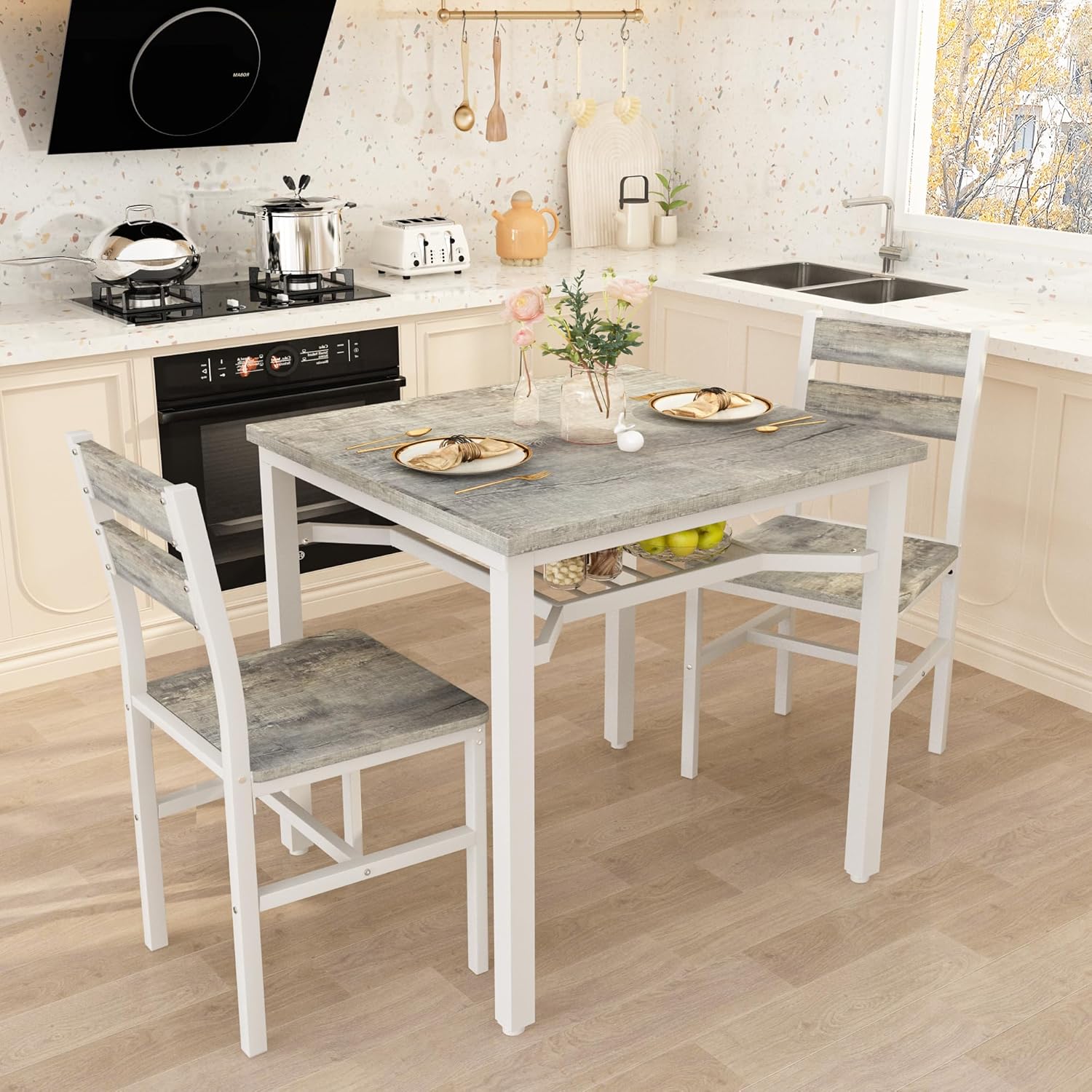 LinkRomat Small Dining Table for 2, Wooden Dinner Table with Storage, 3 Piece Farmhouse Square Dinette Set for Dining Room, Apartment, Small Space