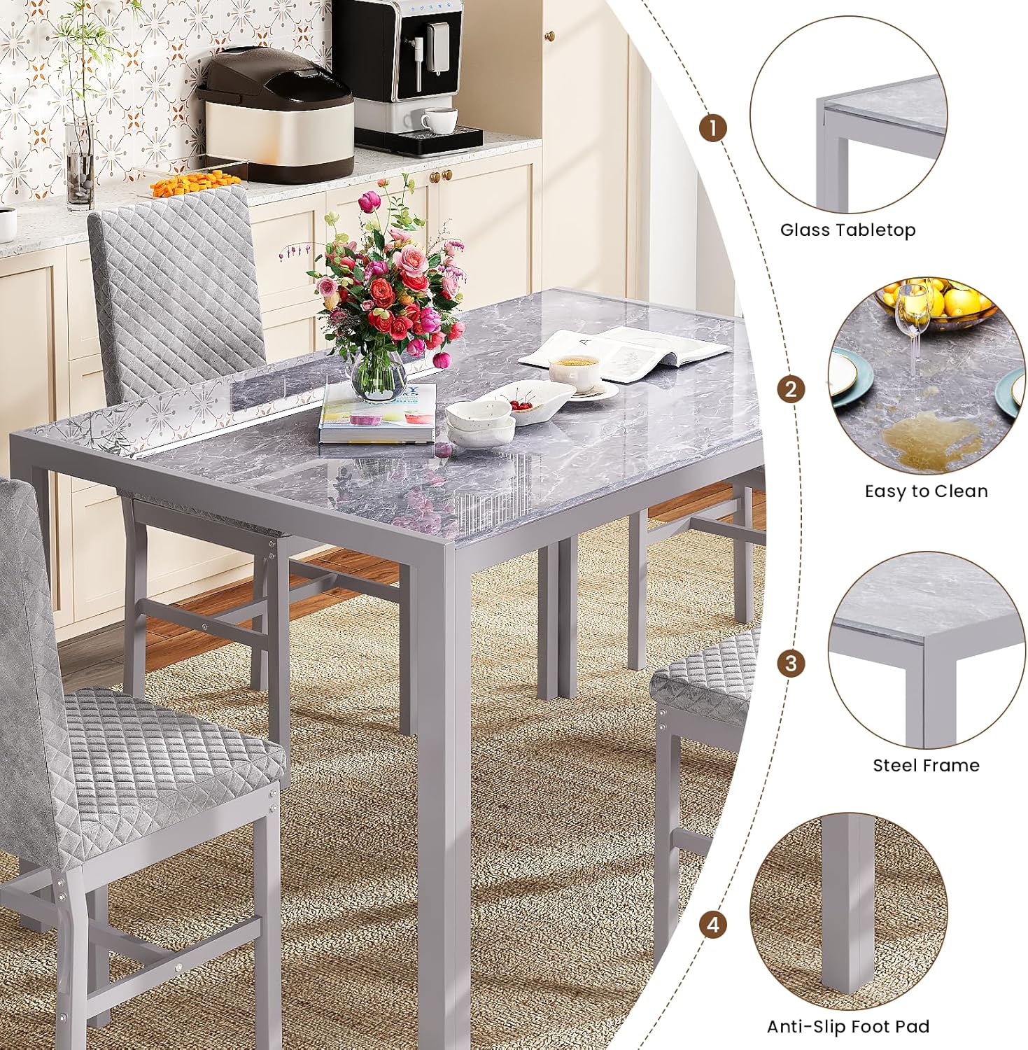 LinkRomat Dining Table Set for 4, Glass Table & PU Leather Chairs, Kitchen Tabletop and Chairs Set for Small Space, Apartment, Home Furniture, White