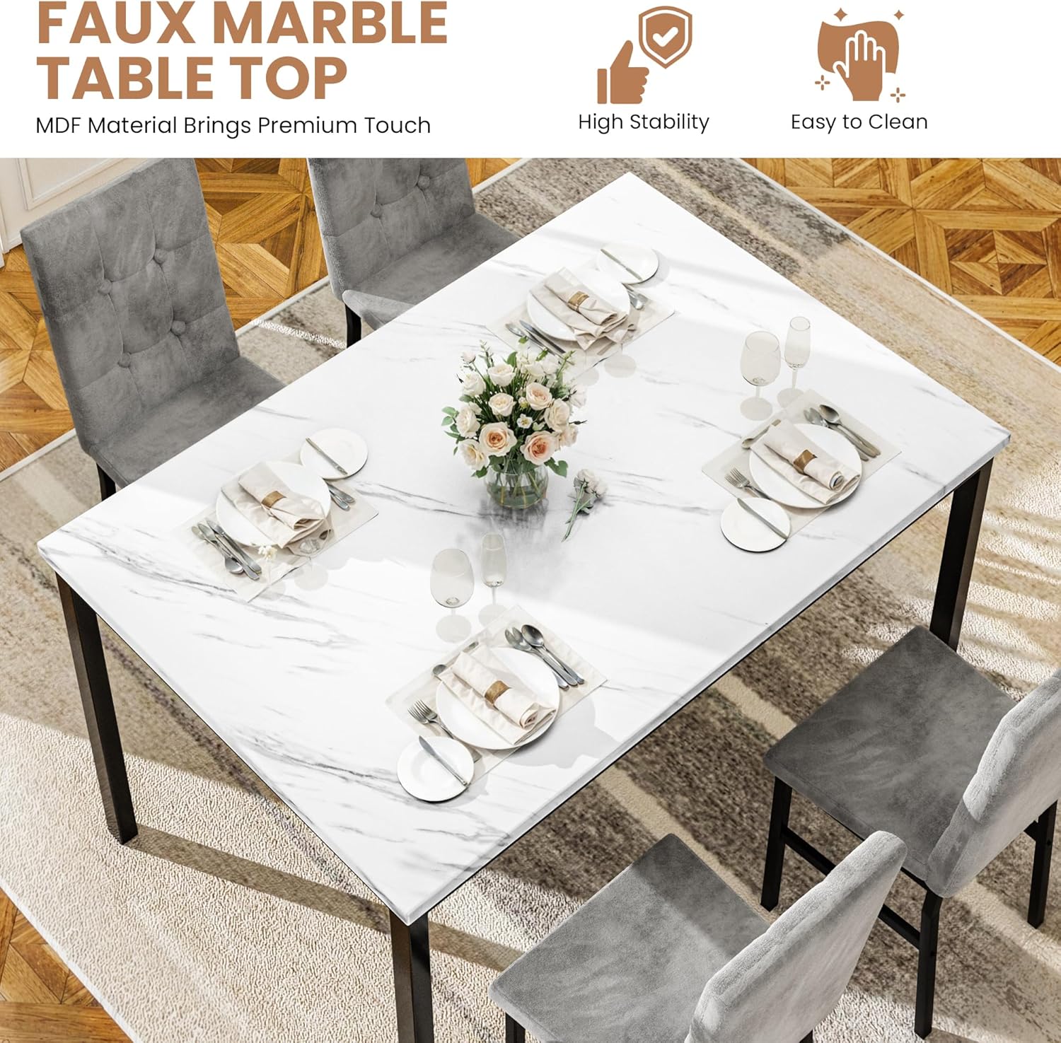 LinkRomat Modern Dining Table Set, Grey Faux Marble Rectangular Table Set and 4 Black PU Cushion Chairs, Dining Room Home Furniture for Small Space