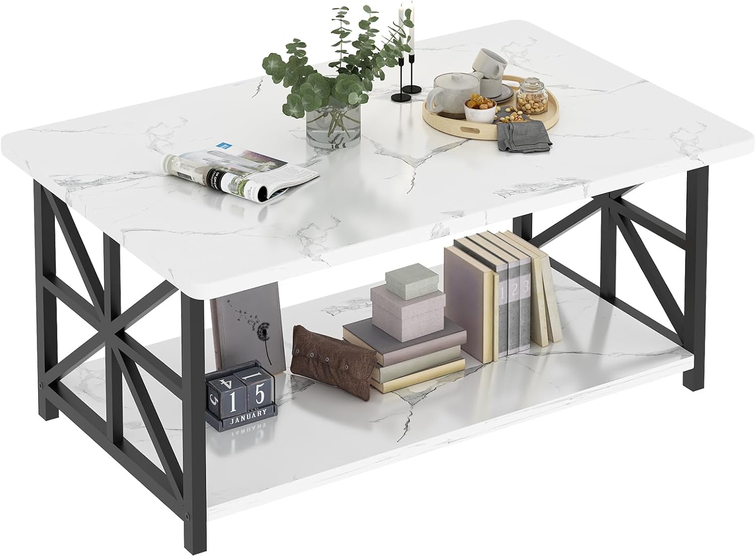 LinkRomat Rectangular Coffee Table with Storage Shelf, 2-Tier Center Table with Rounded Corners for Living Room, Small Spaces, Easy Assembly, Black