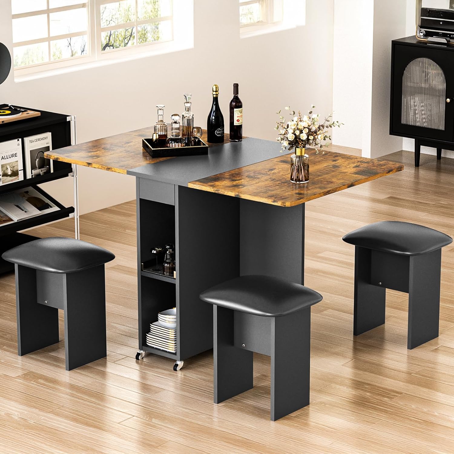 LinkRomat Folding Dining Table Set for 4, Kitchen Table with Shelves & 4 Leather Chairs, Space Saving Foldable Dining Table with 6 Wheel (Grey)