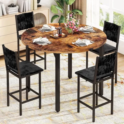 LinkRomat Dining Table Set for 4,Round Kitchen Table Set with 4 Gray hand-woven velvet chairs for Kitchen Breakfast Nook Dining