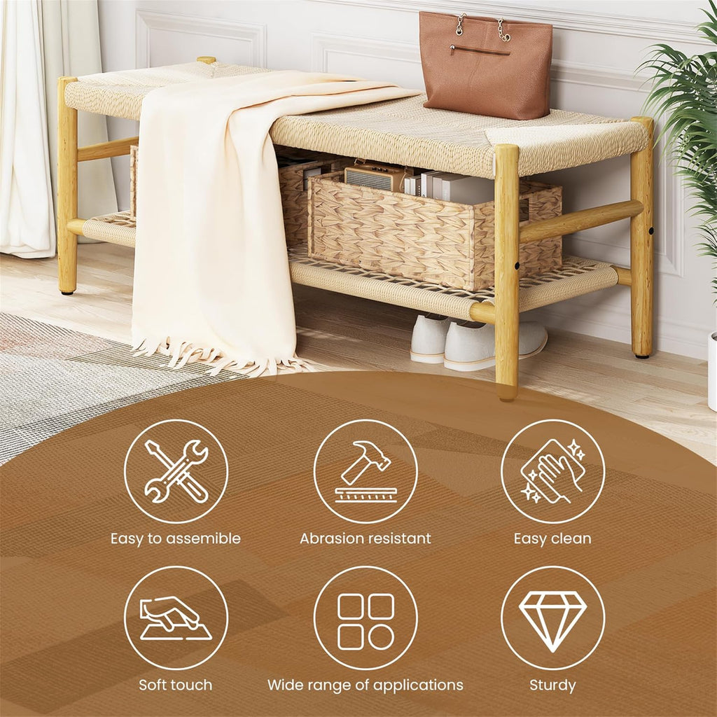 LinkRomat Wicker Bench Indoor Entryway Bench with Paper Cord Ottoman & Grid Storage Rack, Mid-Century Long Chair with Wood Legs for Room Channel
