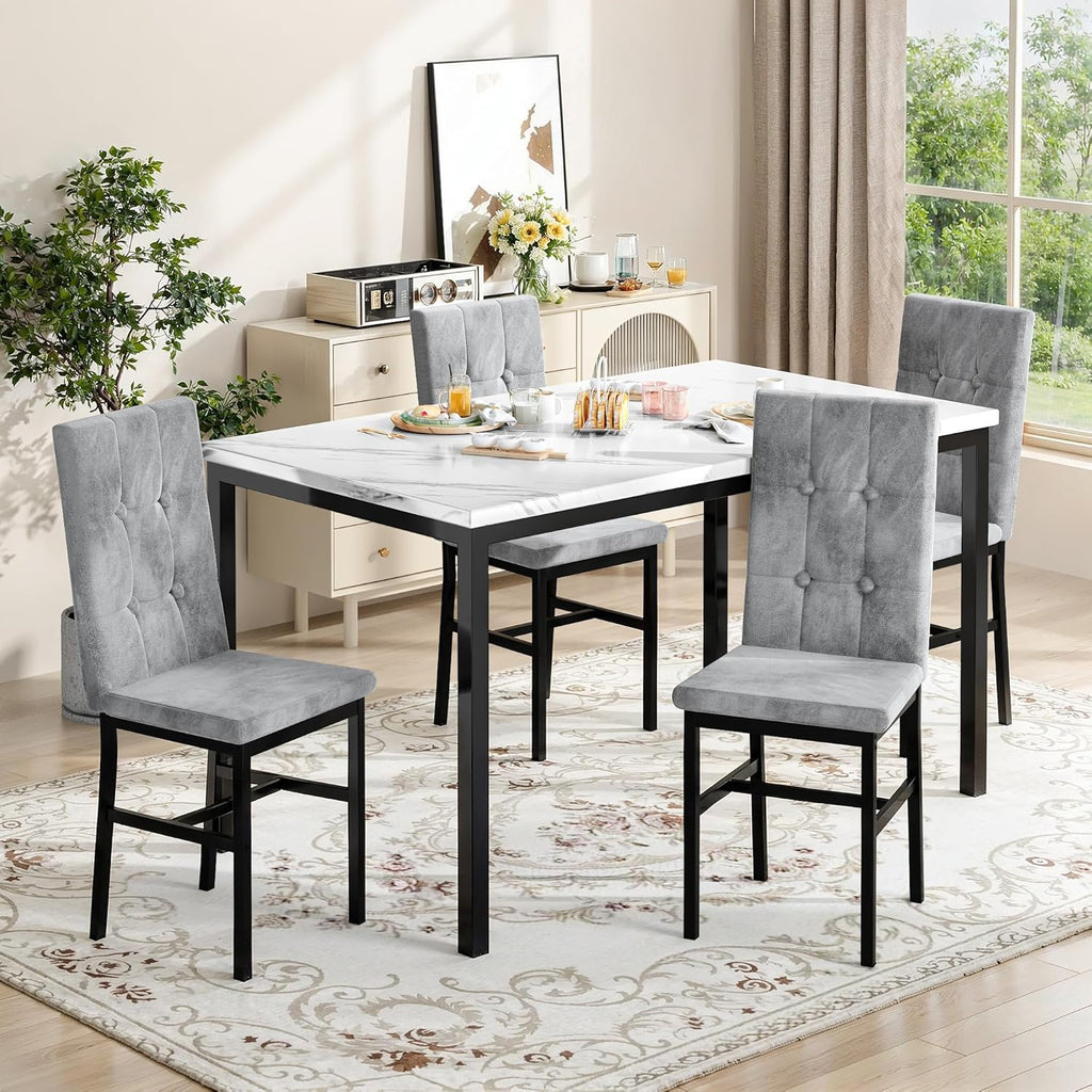 LinkRomat Modern Dining Table Set, Grey Faux Marble Rectangular Table Set and 4 Black PU Cushion Chairs, Dining Room Home Furniture for Small Space