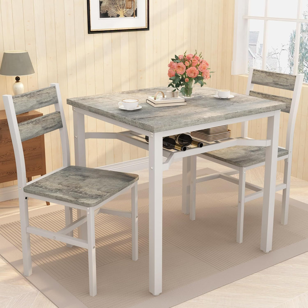 LinkRomat Small Dining Table for 2, Wooden Dinner Table with Storage, 3 Piece Farmhouse Square Dinette Set for Dining Room, Apartment, Small Space