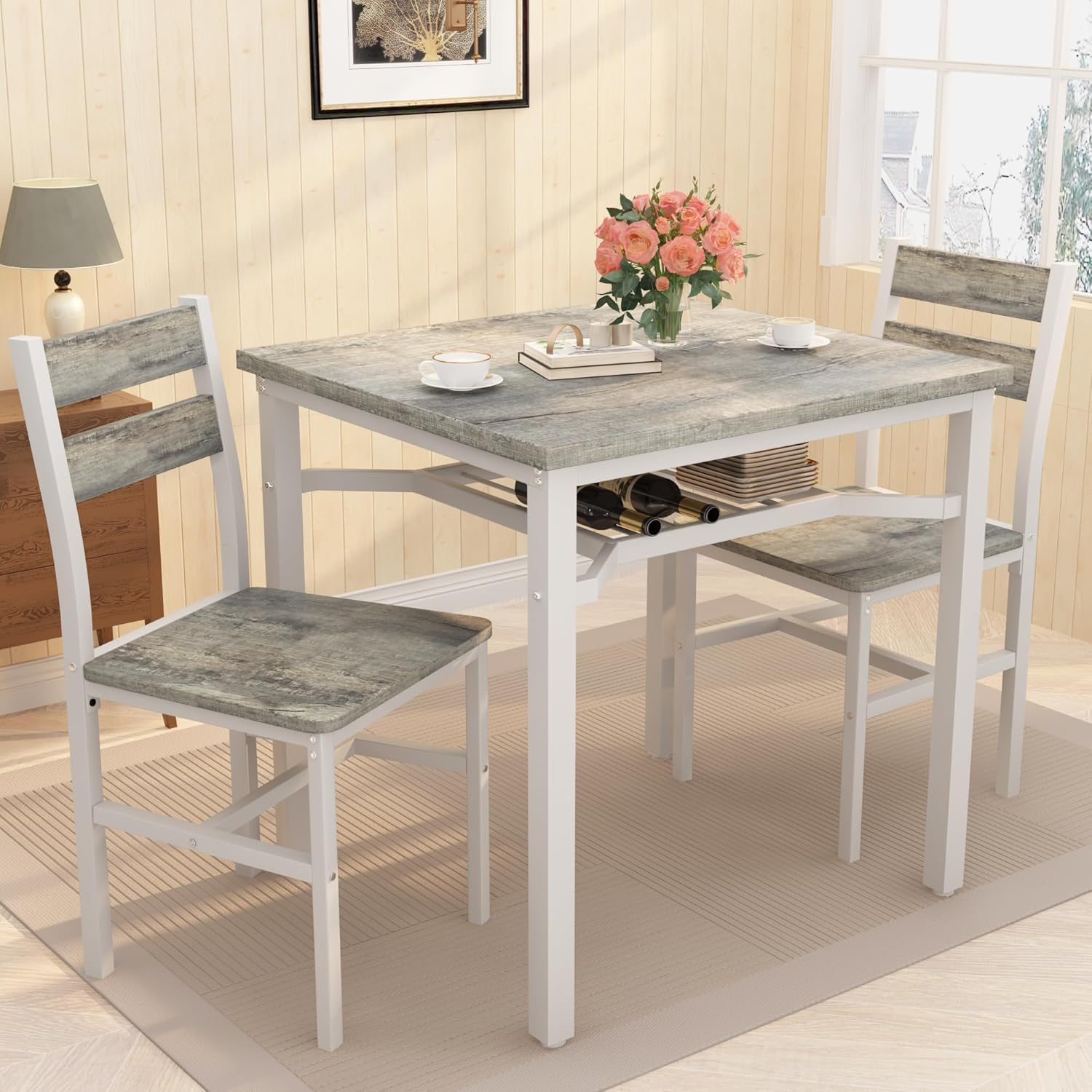 LinkRomat Small Dining Table for 2, Wooden Dinner Table with Storage, 3 Piece Farmhouse Square Dinette Set for Dining Room, Apartment, Small Space