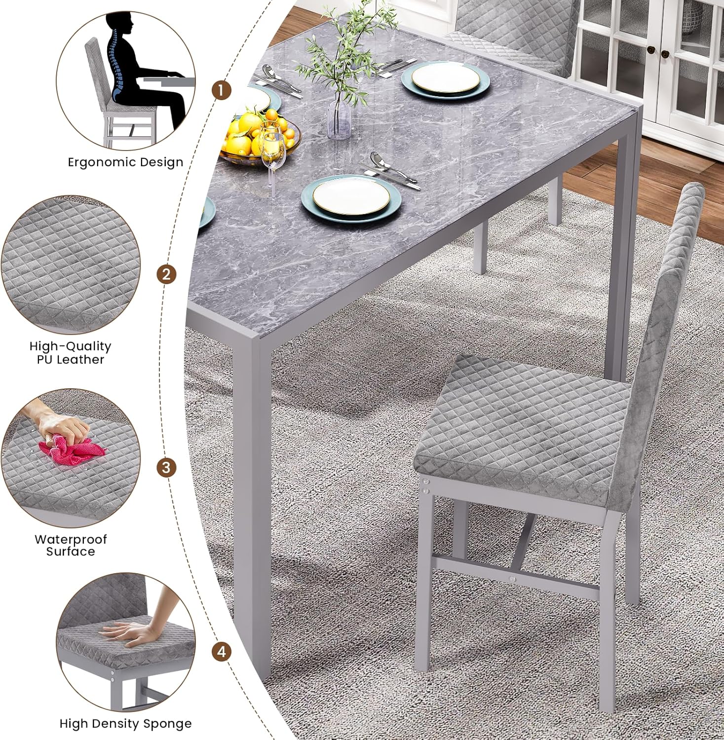 LinkRomat Dining Table Set for 4, Glass Table & PU Leather Chairs, Kitchen Tabletop and Chairs Set for Small Space, Apartment, Home Furniture, White