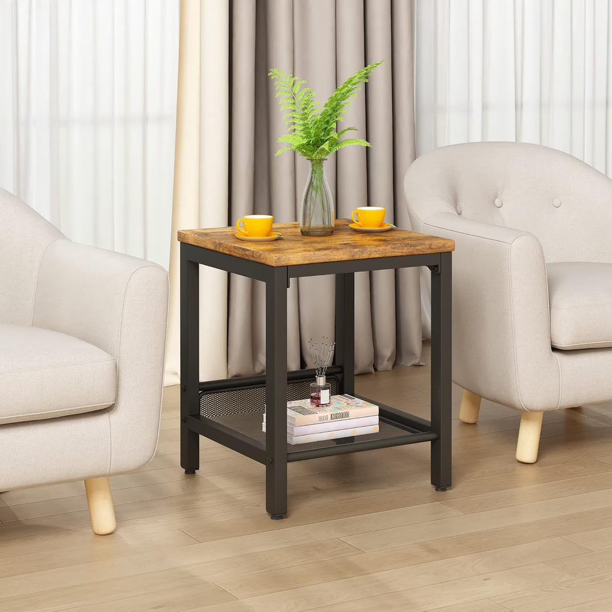 MOOSENG Coffee Table Set of 3, Industrial Vintage Wood Coffee Table with 2 Square End Side Tables, Easy Assembly Living Room Table Set for Offices, Living Rooms and Apartments