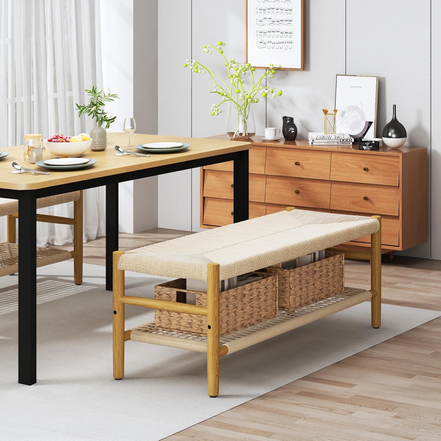 LinkRomat Wicker Bench Indoor Entryway Bench with Paper Cord Ottoman & Grid Storage Rack, Mid-Century Long Chair with Wood Legs for Room Channel