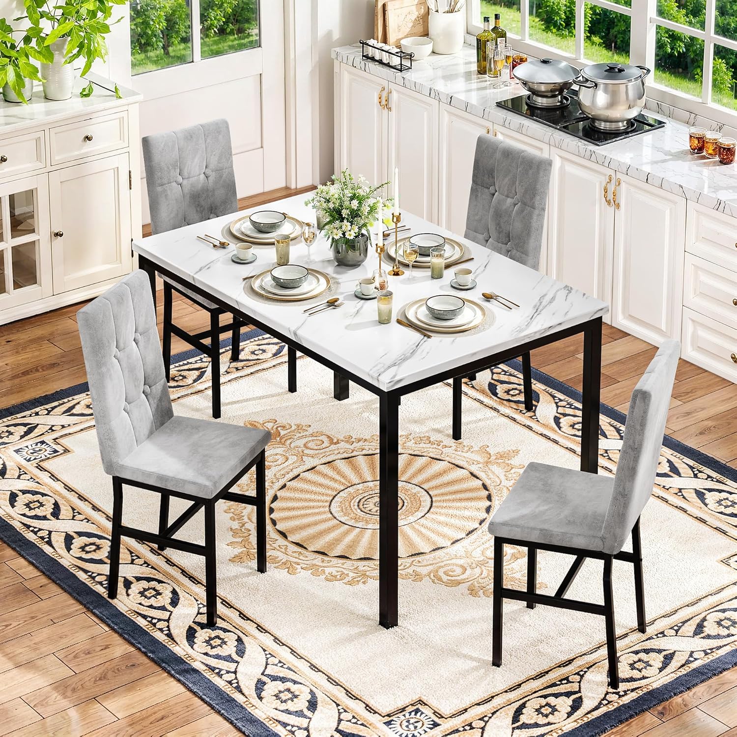 LinkRomat Modern Dining Table Set, Grey Faux Marble Rectangular Table Set and 4 Black PU Cushion Chairs, Dining Room Home Furniture for Small Space