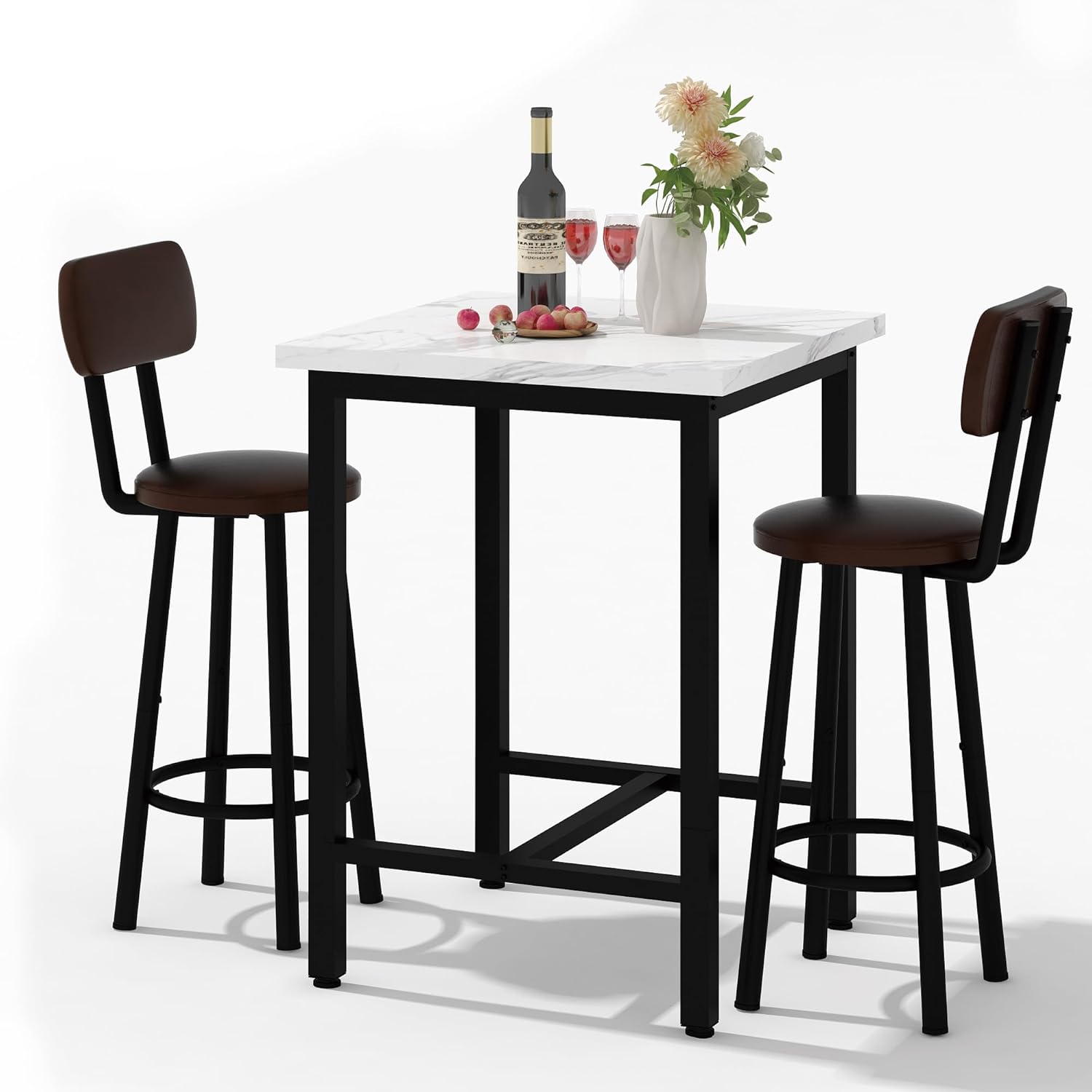 3 Piece Pub Dining Set, 24" Dining Table Set with 2 PU Leather Upholstered Stools, Square Small Space Kitchen Table Pub Set for Apartment Dining Room, Living Room