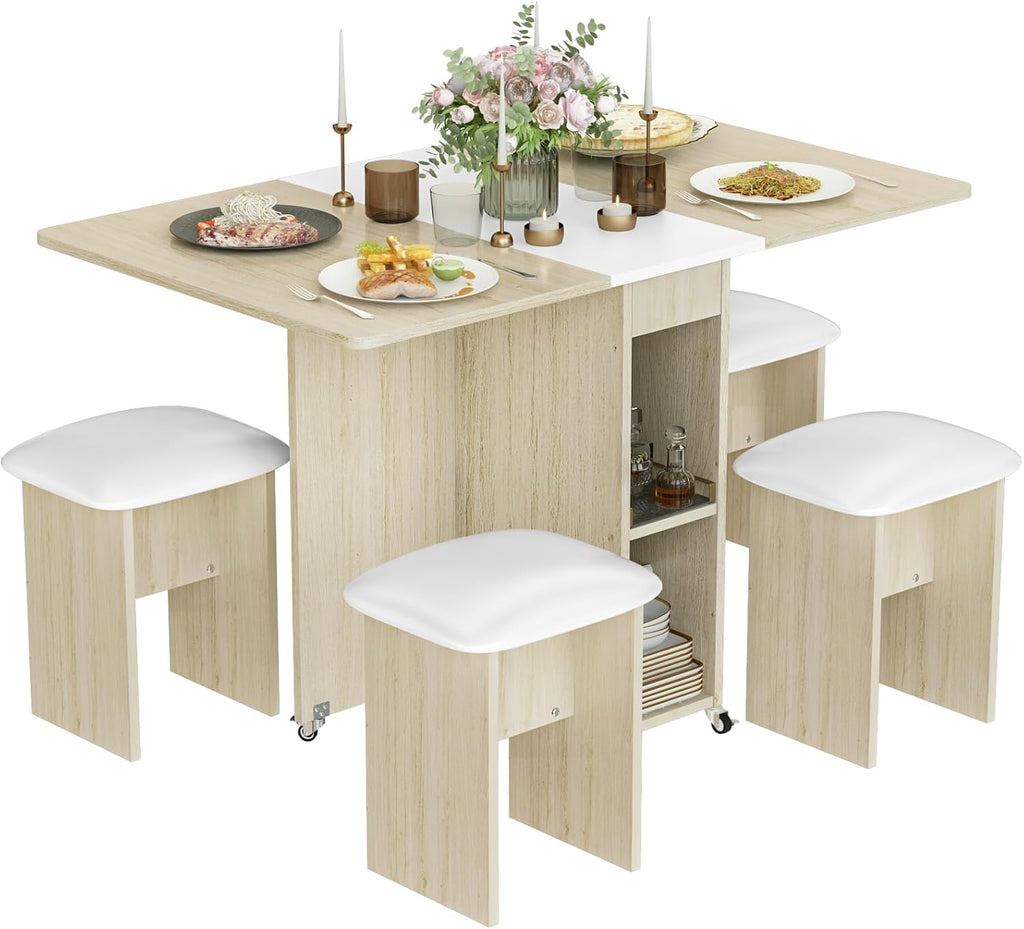 LinkRomat Folding Dining Table Set for 4, Kitchen Table with Shelves & 4 Leather Chairs, Space Saving Foldable Dining Table with 6 Wheel (Grey)