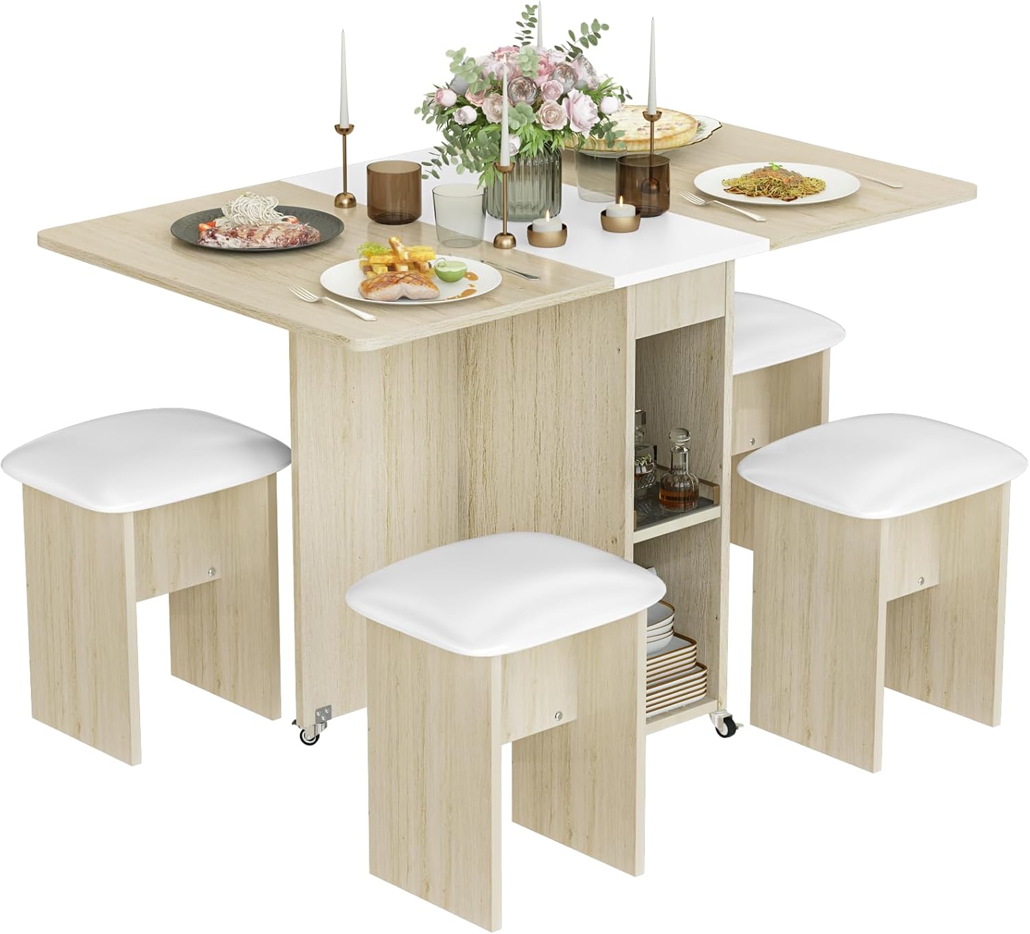 LinkRomat Folding Dining Table Set for 4, Kitchen Table with Shelves & 4 Leather Chairs, Space Saving Foldable Dining Table with 6 Wheel (Grey)