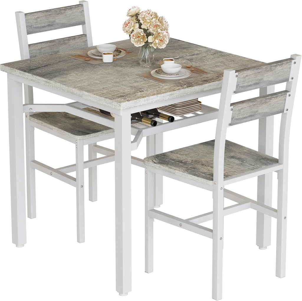 LinkRomat Small Dining Table for 2, Wooden Dinner Table with Storage, 3 Piece Farmhouse Square Dinette Set for Dining Room, Apartment, Small Space