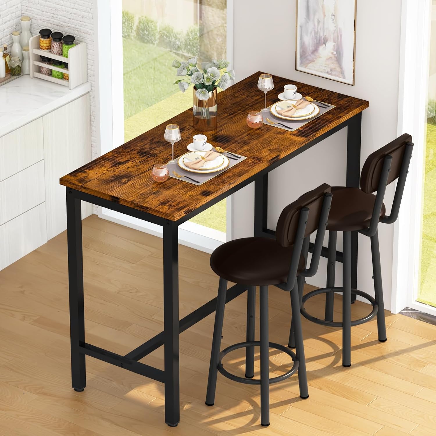 3 Piece Pub Dining Set, 24" Dining Table Set with 2 PU Leather Upholstered Stools, Square Small Space Kitchen Table Pub Set for Apartment Dining Room, Living Room