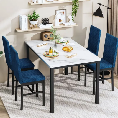 Cvortll Dining Table Set for 4,Faux Marble Kitchen Table with Velvet Upholstered Chairs,Small Dining Room Sets for Small Space Apartment Home,Blue