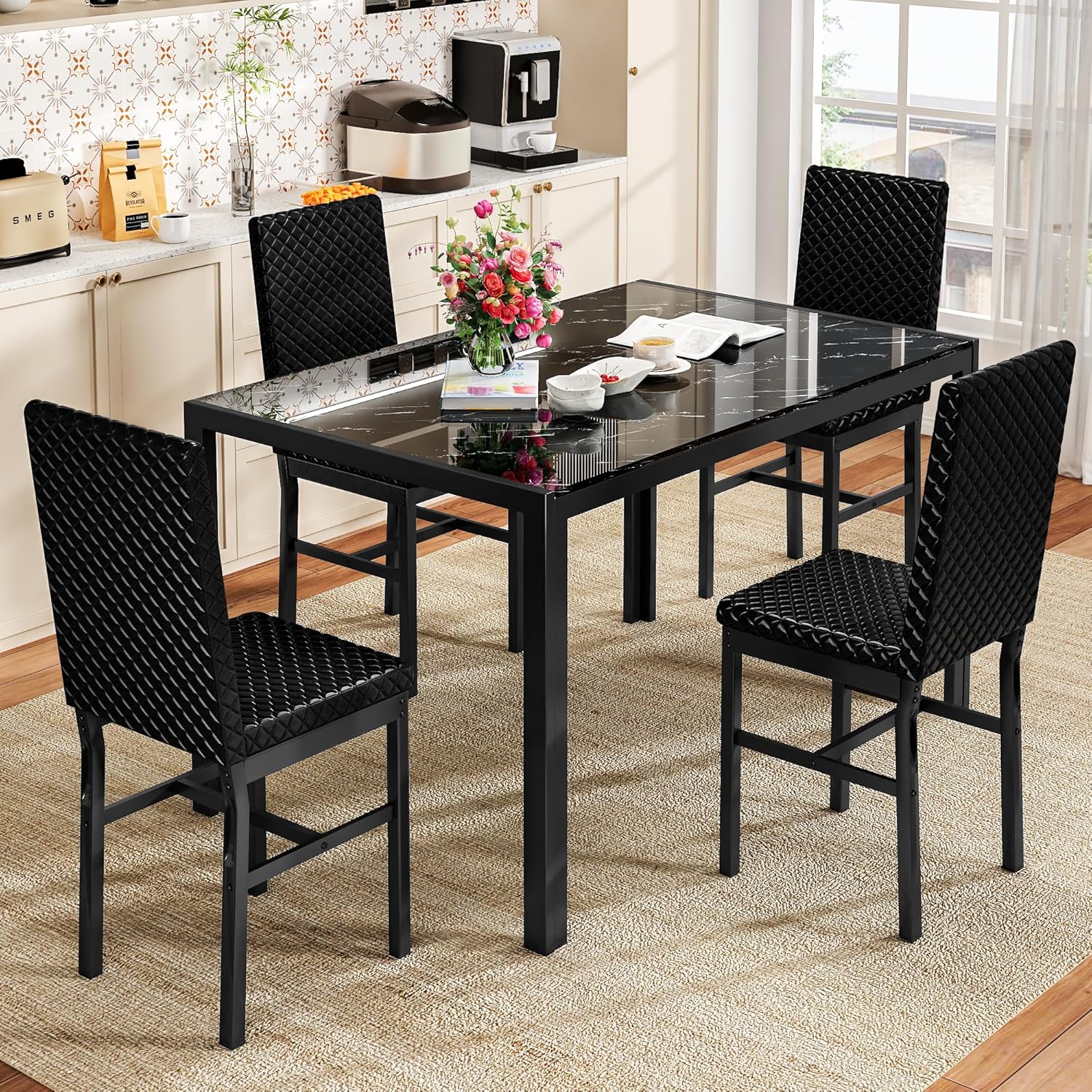 LinkRomat Dining Table Set for 4, Glass Table & PU Leather Chairs, Kitchen Tabletop and Chairs Set for Small Space, Apartment, Home Furniture, White