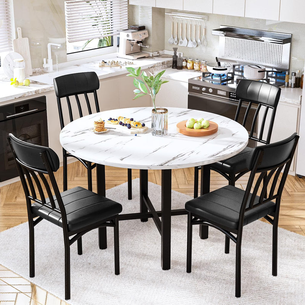 MOOSENG Round Dining Table Set for 4,Faux Marble Circle Dining Table Set with Chairs,Modern Kitchen Table and Chairs Set for 4,Round Dinner Table & Chair Set for Small Space
