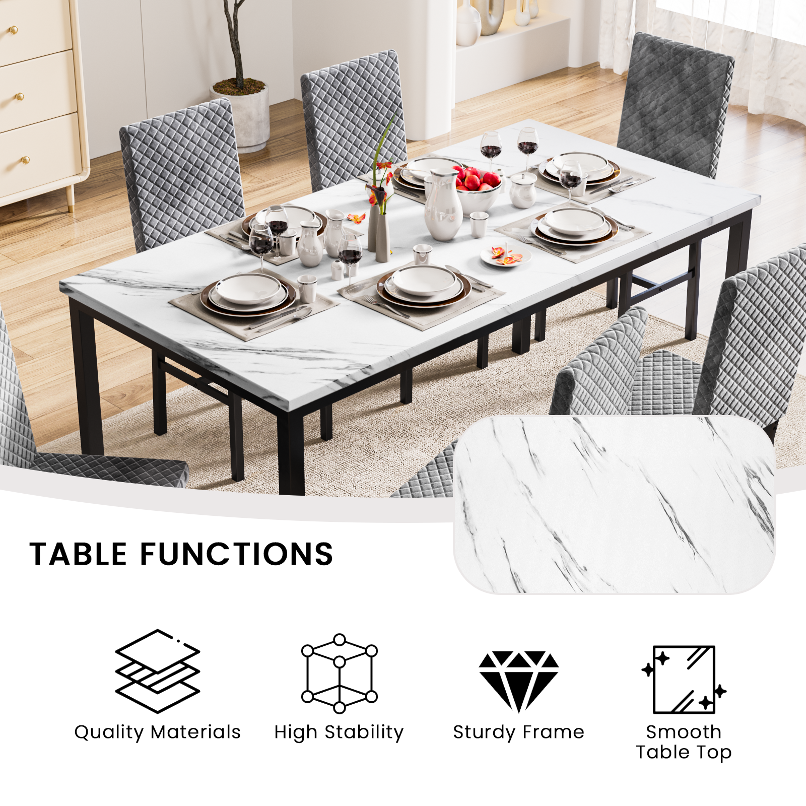 LinkRomat Modern 7 Piece Dining Room Sets for 6, Table Dining Set for 6, Faux Marble Kitchen Table PU Leather Chair for Apartment, Dining Room
