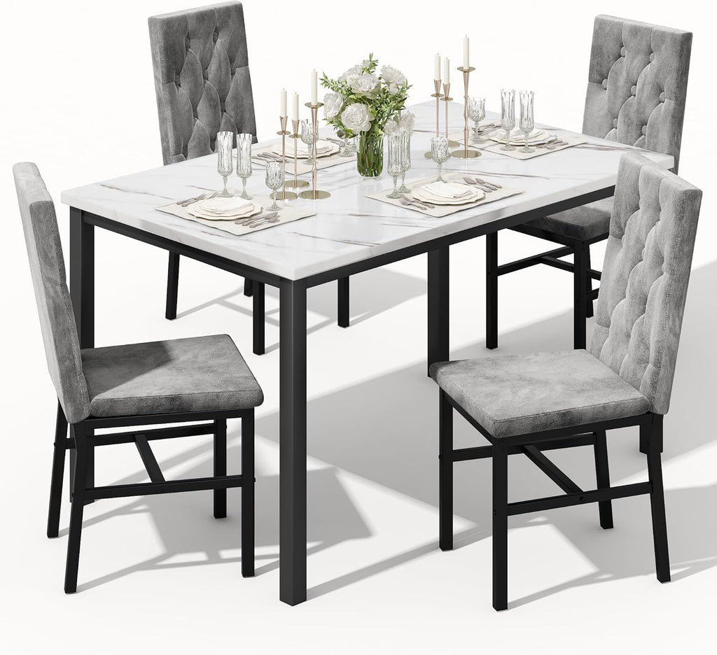 LinkRomat Dining Table Set for 4, Faux Marble Kitchen Table and Chairs, 5 Piece Small Dining Room Set with Button Tufted Upholstered Chairs