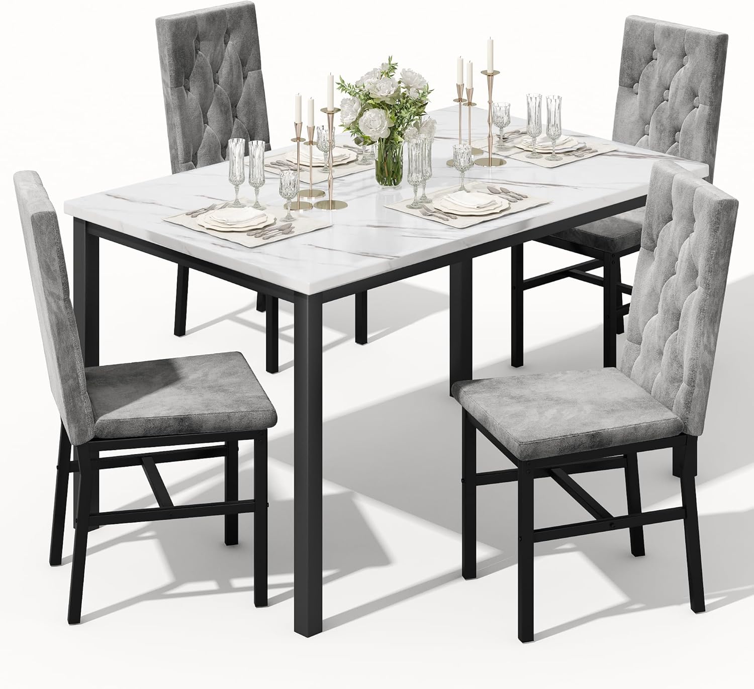 LinkRomat Dining Table Set for 4, Faux Marble Kitchen Table and Chairs, 5 Piece Small Dining Room Set with Button Tufted Upholstered Chairs