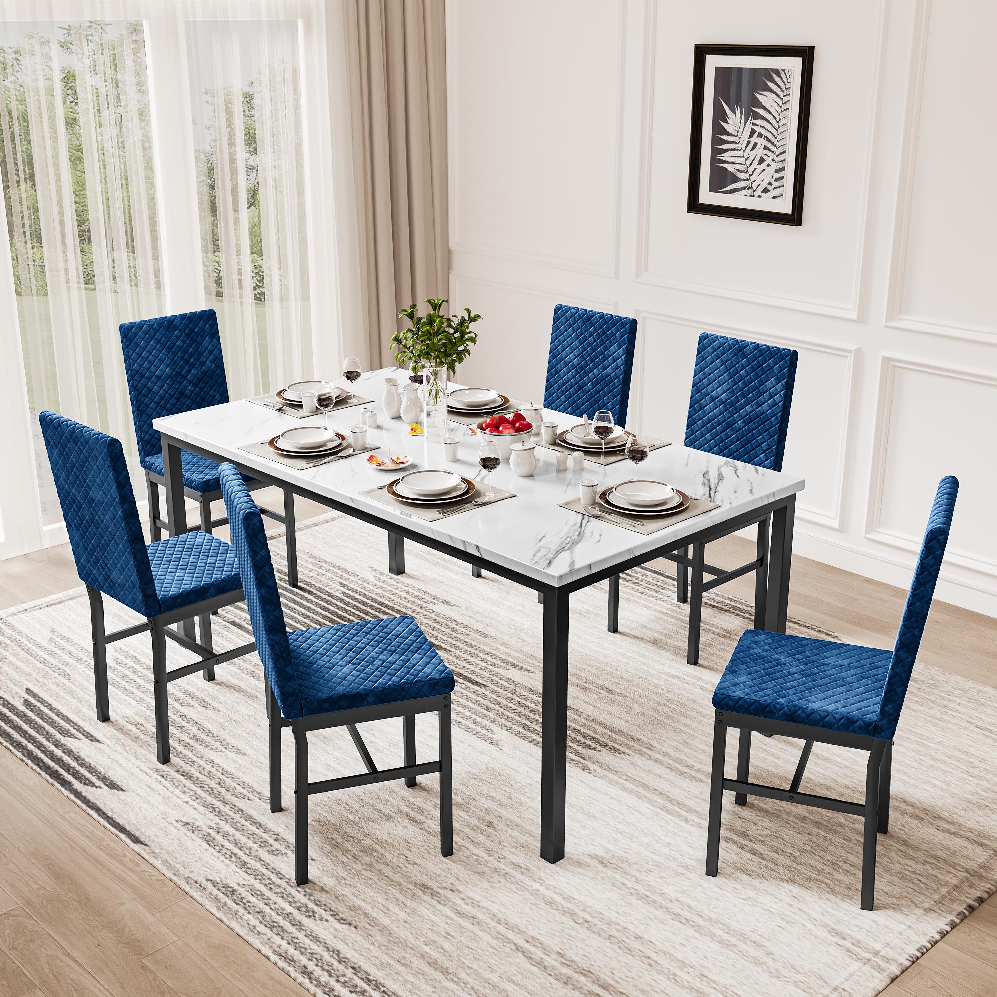LinkRomat Modern 7 Piece Dining Room Sets for 6, Table Dining Set for 6, Faux Marble Kitchen Table PU Leather Chair for Apartment, Dining Room