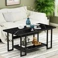 LinkRomat Modern Faux Marble Coffee Table, 40-Inch White 2-Tier Rectangular Living Table End Table Coffee Table with Black Metal Frame for Living Room, Office