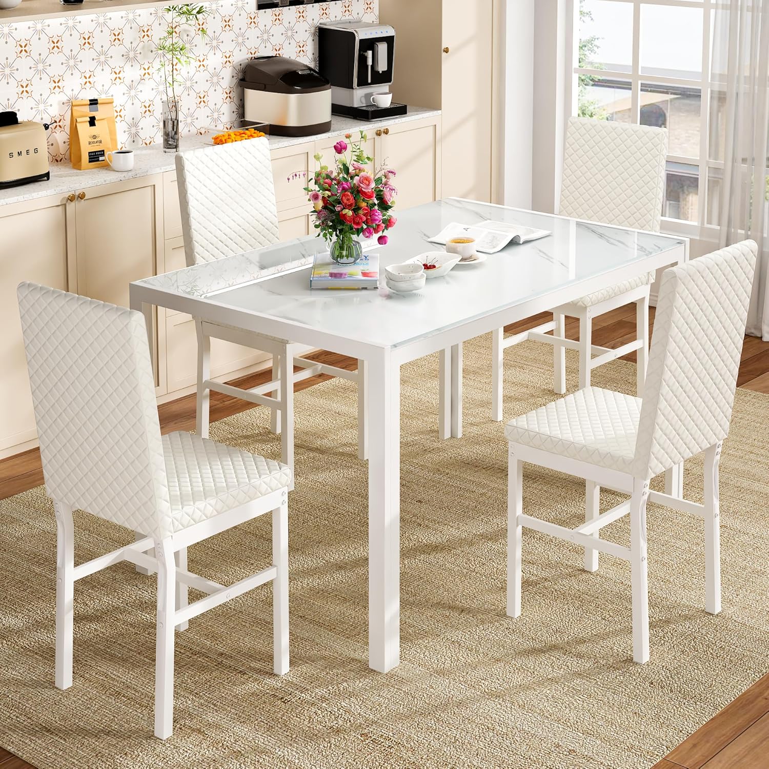 LinkRomat Dining Table Set for 4, Glass Table & PU Leather Chairs, Kitchen Tabletop and Chairs Set for Small Space, Apartment, Home Furniture, White