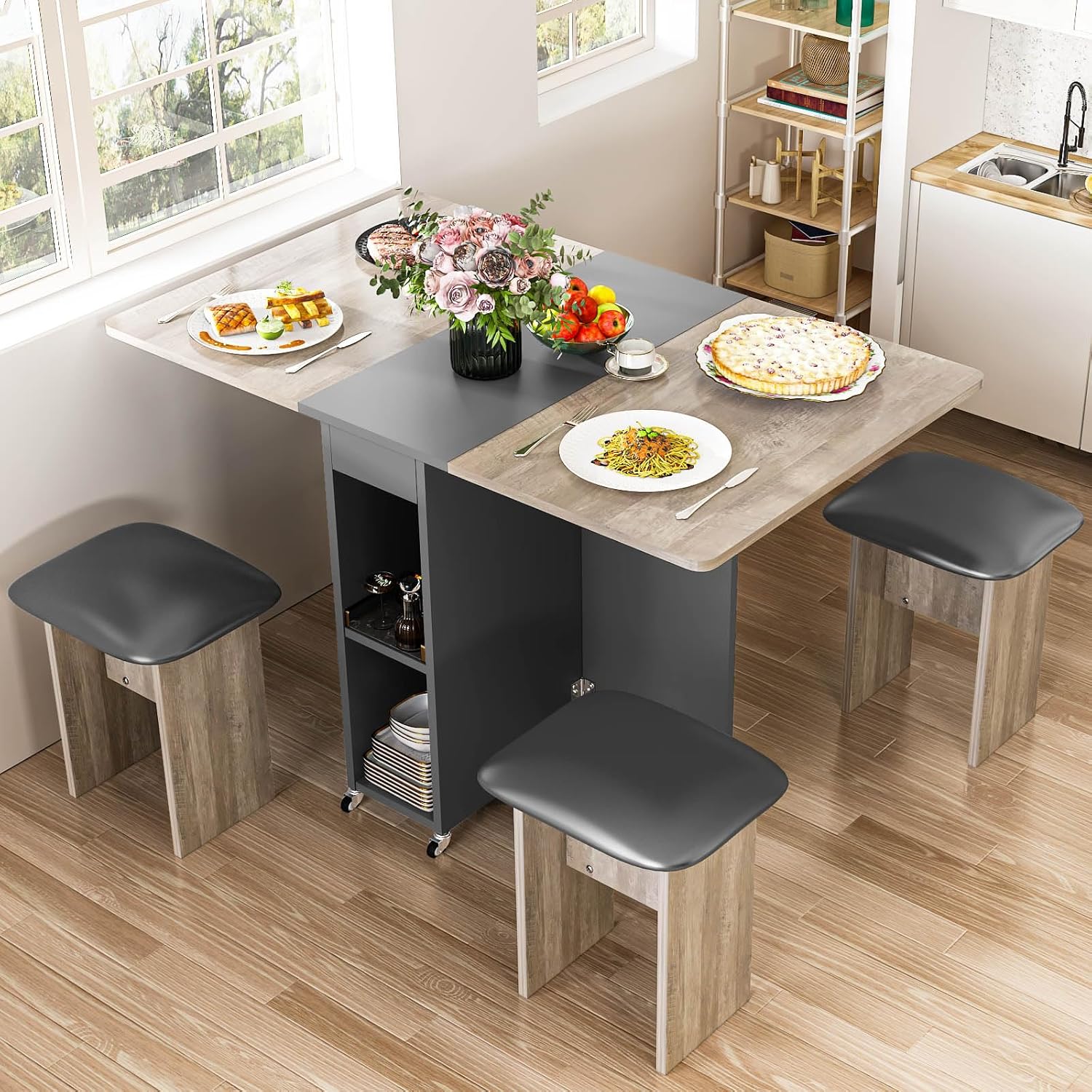 LinkRomat Folding Dining Table Set for 4, Kitchen Table with Shelves & 4 Leather Chairs, Space Saving Foldable Dining Table with 6 Wheel (Grey)