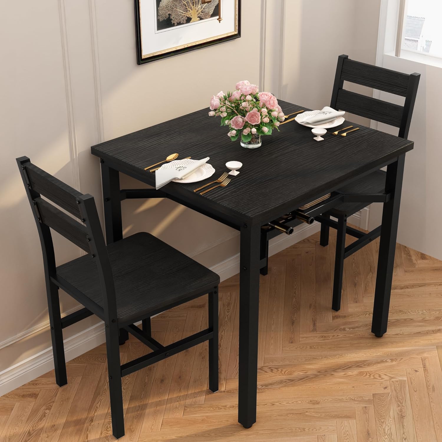 LinkRomat Small Dining Table for 2, Wooden Dinner Table with Storage, 3 Piece Farmhouse Square Dinette Set for Dining Room, Apartment, Small Space