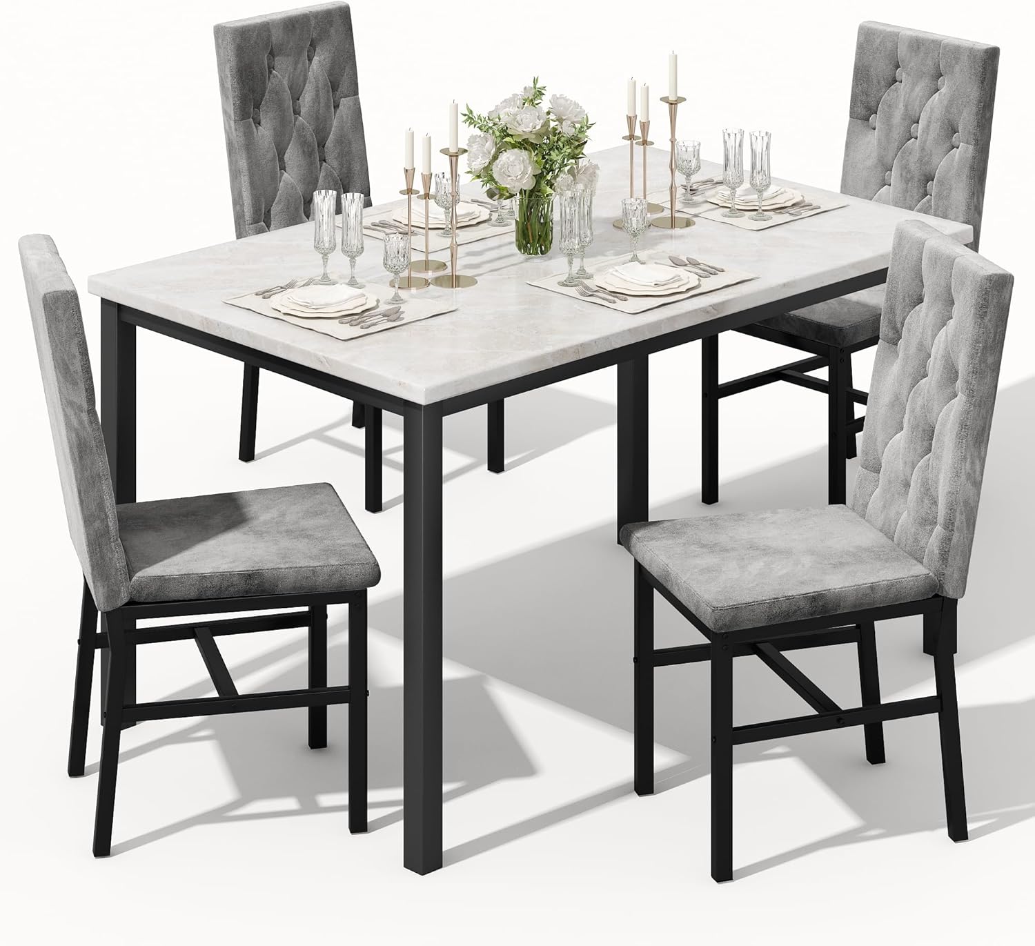 LinkRomat Dining Table Set for 4, Faux Marble Kitchen Table and Chairs, 5 Piece Small Dining Room Set with Button Tufted Upholstered Chairs