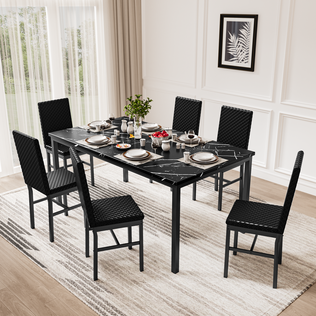 LinkRomat Modern 7 Piece Dining Room Sets for 6, Table Dining Set for 6, Faux Marble Kitchen Table PU Leather Chair for Apartment, Dining Room