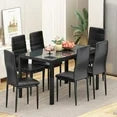 LinkRomat 7-Piece Glass Dining Table Set for 6, Modern Kitchen Table with PU Leather Chairs, Black Dining Room Table and Chairs Set for Small Space, Apartment
