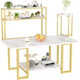 LinkRomat End Table Set of 3, Modern Faux Marble Round Tabletop & 2 Rectangular Sofa/Side/End Tables, Living Room & Office Metal Frame Set