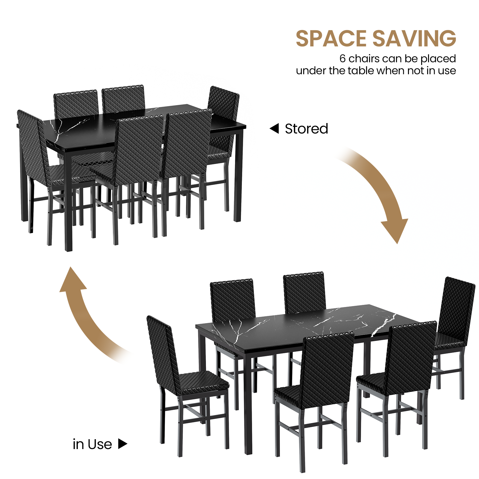 LinkRomat Modern 7 Piece Dining Room Sets for 6, Table Dining Set for 6, Faux Marble Kitchen Table PU Leather Chair for Apartment, Dining Room