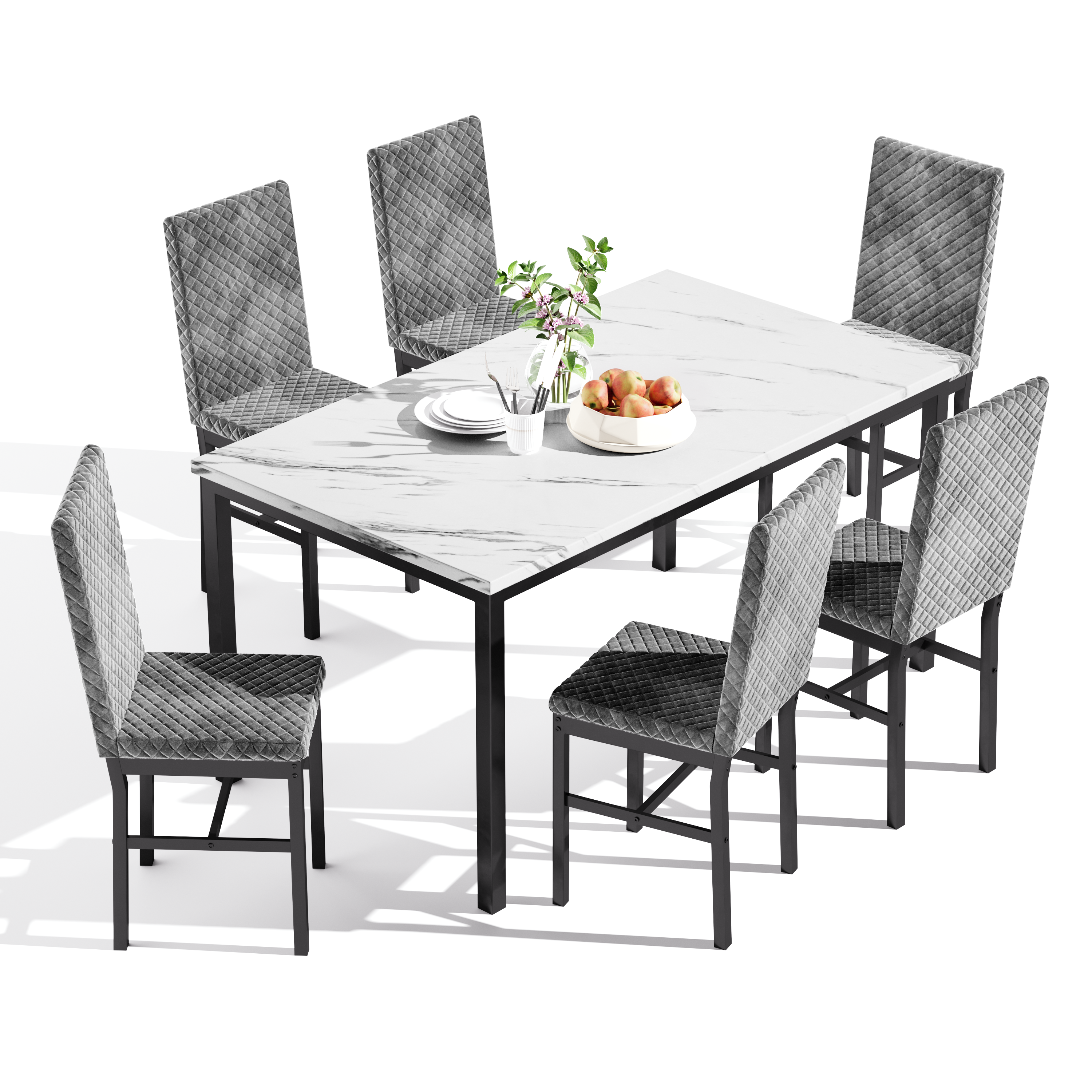 LinkRomat Modern 7 Piece Dining Room Sets for 6, Table Dining Set for 6, Faux Marble Kitchen Table PU Leather Chair for Apartment, Dining Room